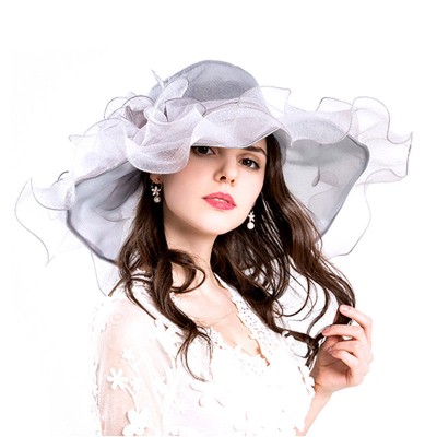 Gray  Organza Church Derby Hat Ruffles Wide Brim Summer Bridal Cap 732140426791 eb-56313983